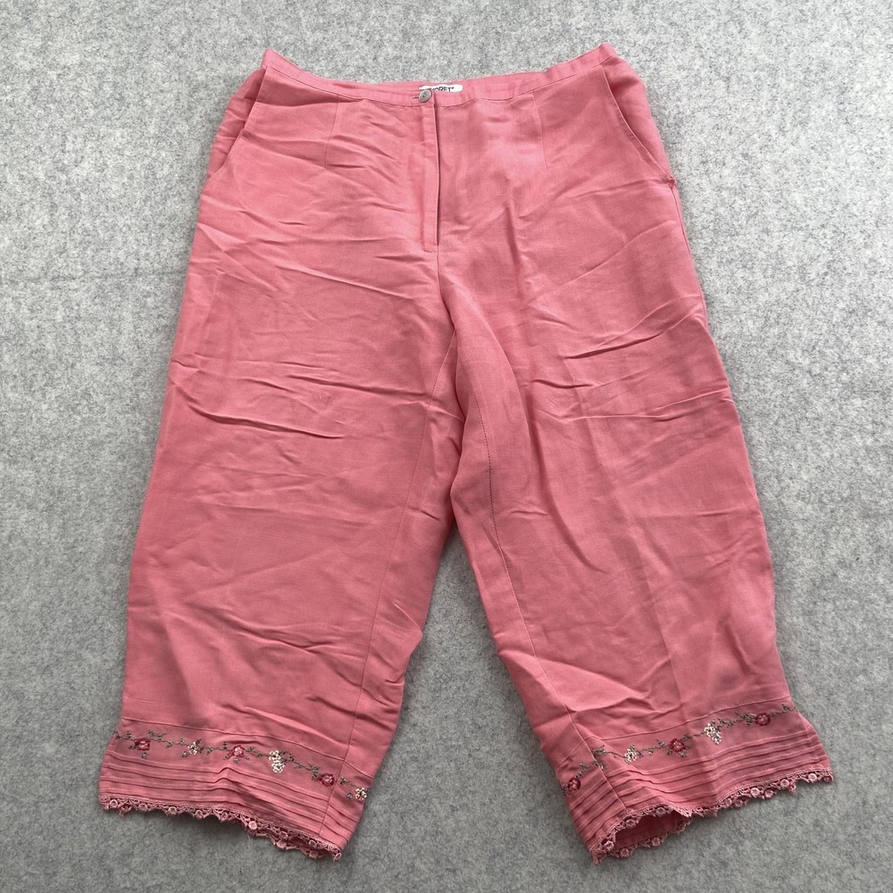 Koret Capri Pants Womens 12 (31x20) Pink Linen Rayon Embroidered Floral *STAIN*